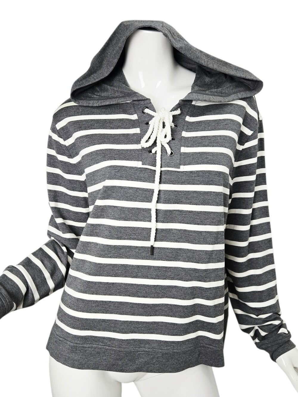 NWT Cabi Windward Hoodie Womens Gray White Striped Lace-Up Pullover Nautical